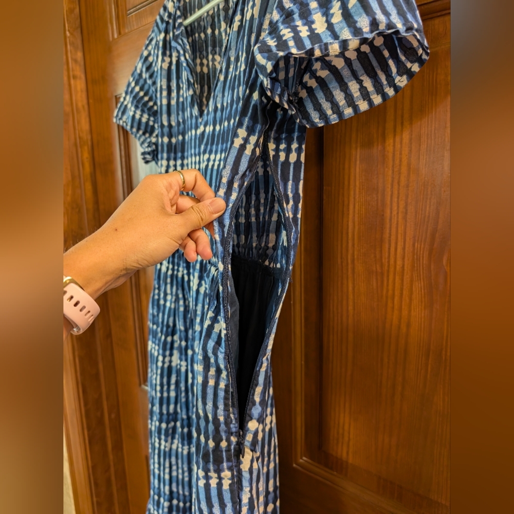 J Crew Factory Tie Dye Blue White Tiered Midi Dress 100% Cotton Pocket Sz 6 Belt - Picture 10 of 16